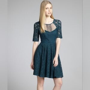 BCBG Julya Teal Green Lace Short Sleeve Fit And Flare Dress 12